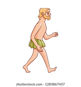 Vector sketch caveman walking naked in loincloth made of leaves. Prehistory barbarian, ancient primitive homo male character. Isolated illustration