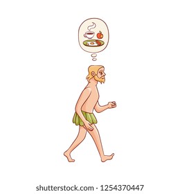 Vector sketch caveman walking with need for food naked in loincloth made of leaves. Prehistory barbarian and primal needs, ancient primitive homo male character. Isolated illustration