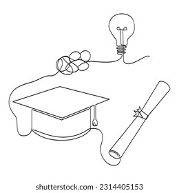 vector sketch certificata graduation cap and bulb line single one line art, continuous 
