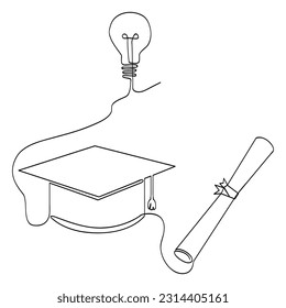 vector sketch certificata graduation cap and bulb line single one line art, continuous 
