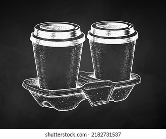 Vector sketch chalk drawn illustration of Coffee Cups in carrier. Vintage style drawing isolated on chalkboard background.