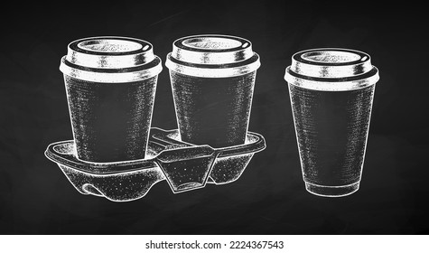 Dibujo vectorial de tiza dibujado ilustración de tazas de café. Dibujo de estilo vintage aislado en el fondo de la pizarra