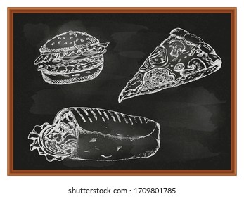 vector sketch in chalk on a black, dusty Board. Shawarma, roll, slice of pizza and hamburger. isolated on a white background