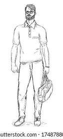 vector sketch character - hipster bearded man in glasses with a bag in his hand
