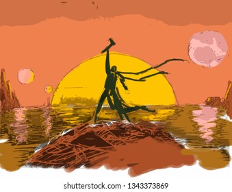 Vector sketch of character holding the ax standing on the hill opposite the dawn landscape on another planet