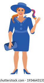 Vector Sketch Character Princess Beatrice Elizabeth Mary Of York Stands In A Blue Dress And Hat In Full Growth On An Isolated White Background