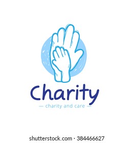 Vector sketch charity center logo. Hospital logotype with hands