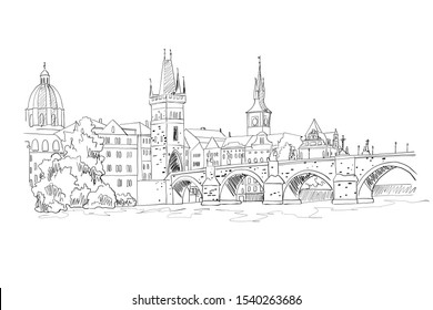 Vector sketch of  the Charles Bridge, Prague. Czech Republic.