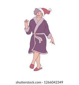 Vector sketch cheerful elderly woman in cozy leisure wear, bathrobe home clothes having fun dancing in christmas santa hat. Female character with positive emotions and xmas holiday celebration