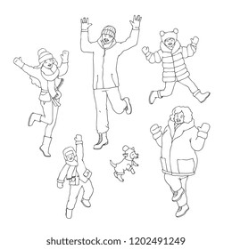 Vector sketch cheerful young, adult women, men, boy, girl kids and dog in warm winter or autumn clothing having fun laughing, jumping outdoors. Female, male character, positive emotions monochrome
