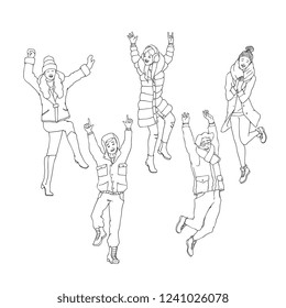 Vector sketch cheerful young women, men in warm winter or autumn clothing - jacket or coat, scarf, hat boots having fun laughing, jumping outdoors. Female, male character, positive emotions monochrome
