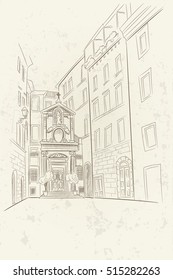 vector sketch of Chiesa di Santa Barbara dei Librai church in Rome. Italy.