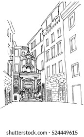 vector sketch of Chiesa di Santa Barbara dei Librai church in Rome. Italy.