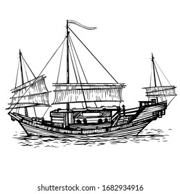 Vector sketch  Chinese sailing-vessel with lowered sailing in the sea in the ink line style. Hand drawn doodle sketched sailing eastern boat.