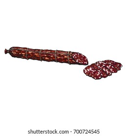 vector sketch chorizo sausage with slices. Cartoon isolated illustration on a white background. Sausage and meat types concept