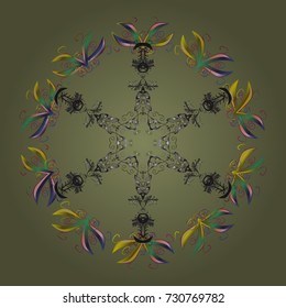 Vector sketch. Christmas cute background with snowflakes abstract background. Holiday design for Christmas and New Year fashion prints. Brown, gray and green snowflakes. Brown, gray and green colors.