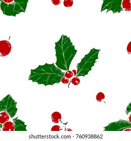 Vector sketch of Christmas holly berry. Seamless pattern .Christmas symbol.