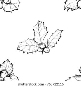 Vector sketch of Christmas holly berry. Seamless pattern .Christmas symbol.