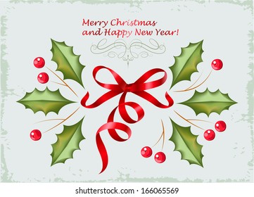 Vector sketch of Christmas holly and red berry. Christmas symbol.