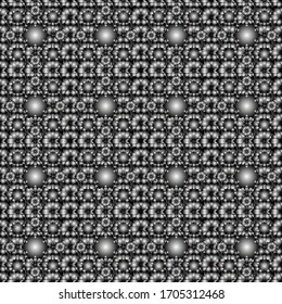 Vector sketch. Christmas silver snowflakes seamless pattern. Winter snow design wallpaper. Symbol holiday, New Year 2021 celebration. Silver glitter snowflakes on a black, gray and white background.