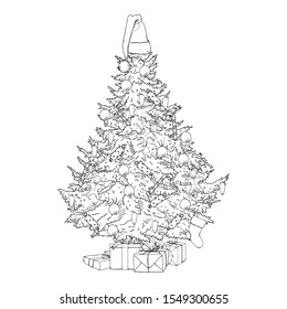 Vector Sketch Christmas Tree on Isolated White Background