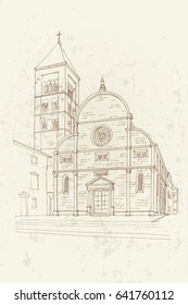 vector sketch of Church and Monastery of St. Mary in Zadar, Croatia. Retro style.