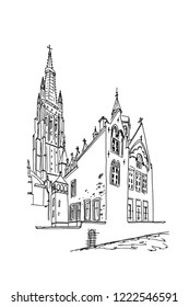 Vector sketch of Church of Our Lady, Onze Lieve Vrouw Brugge, Belgium.