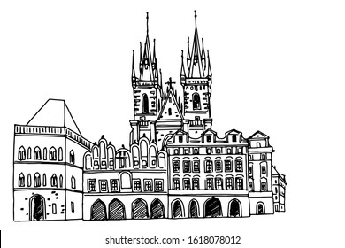 Vector sketch of  The Church of Our Lady before Tyn , Prague, Czech Republic.