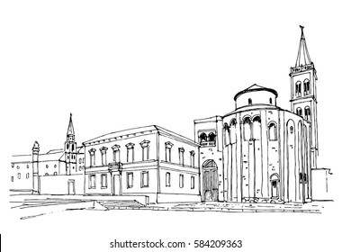 Vector sketch of church of St. Donat on the roman forum, Zadar, Croatia