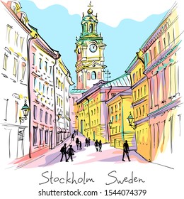 Vector sketch of Church of St Nicholas, Stockholm Cathedral or Storkyrkan at night, Gamla Stan in Old Town of Stockholm, the capital of Sweden