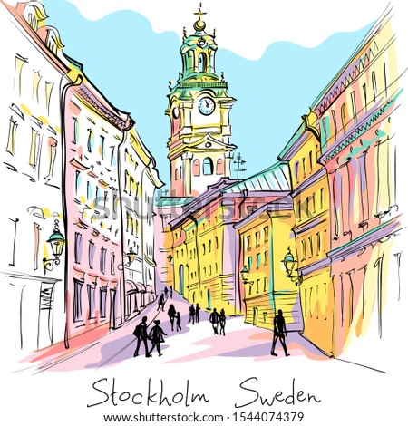 Vector sketch of Church of St Nicholas, Stockholm Cathedral or Storkyrkan at night, Gamla Stan in Old Town of Stockholm, the capital of Sweden