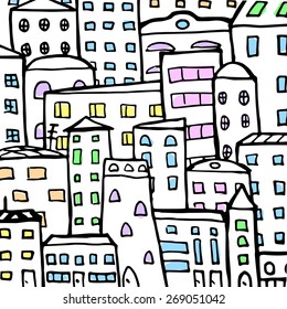 Vector sketch city. Background with cartoon buildings.