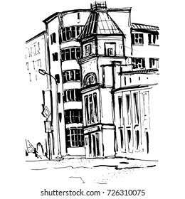 Vector sketch of city buildings, hand drawn houses at park