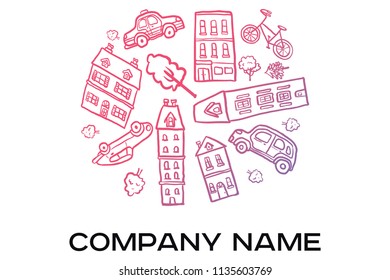 Vector sketch of city with different buildings cars and trees