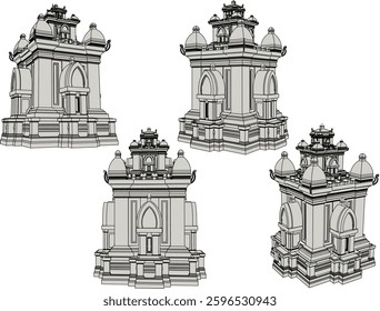 vector sketch of a classic vintage old temple building design with decorative ornaments