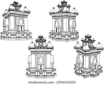 vector sketch of a classic vintage old temple building design with decorative ornaments
