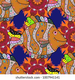 Vector sketch. Classical embroidery tropical sea, wave, fishes, corals, seamless fashion pattern. Embroidery sea life, sea, corals, clown fish, tropical fishes seamless pattern. Fashionable clothes.