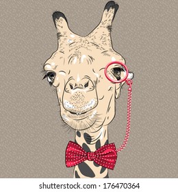 Vector sketch closeup portrait of funny giraffe hipster in red eyeglasses and bowtie