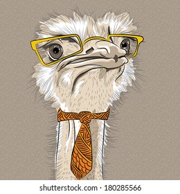 Vector sketch closeup portrait of funny  Ostrich Bird hipster in yellow eyeglasses and tie