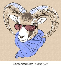 Vector sketch closeup portrait of funny Alpine ibex in red eyeglasses and scarf