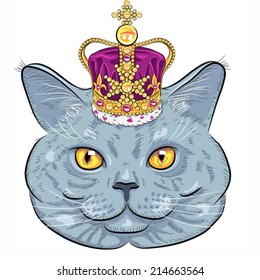 Vector sketch closeup portrait of funny British cat hipster in gold crown