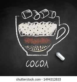 Vector sketch of Cocoa with marshmallows on chalkboard background with piece of chalk.