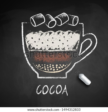 Vector sketch of Cocoa with marshmallows on chalkboard background with piece of chalk.