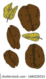 Kaffeebohnen und Blätter aus Vektorillustration
 einzeln auf weißem Hintergrund. Einzelzeichnung des Kaffees zum Bedrucken von Gegenständen, Kleidung, Verpackung, Bett, Menü