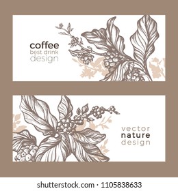 Vector sketch of coffee packaging. Nature realistic organic template with leaves, flower, bean . Art hand drawing floral illustration on white background. Botanical doodle label, print, card Eco food