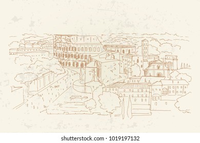 Vector sketch of The Coliseum or Flavian Amphitheatre, Rome, Italy.