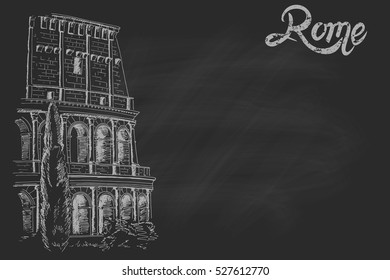 vector sketch of Coliseum on black chalk board. Rome. Italy.