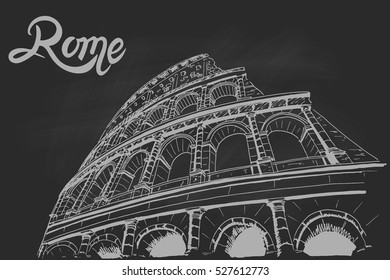 vector sketch of Coliseum on black chalk board. Rome. Italy.