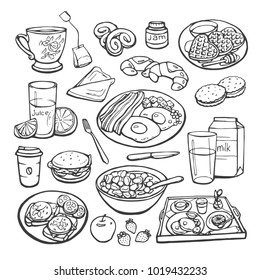 Vector sketch collection of breakfast. Plates with various food and drinks isolated on a white background
