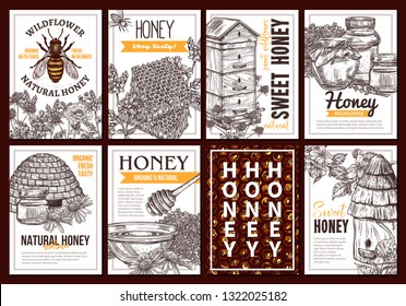 Vector sketch collection of honey posters or cards. Set of templates and design for beekiping business with hand drawn illustrations